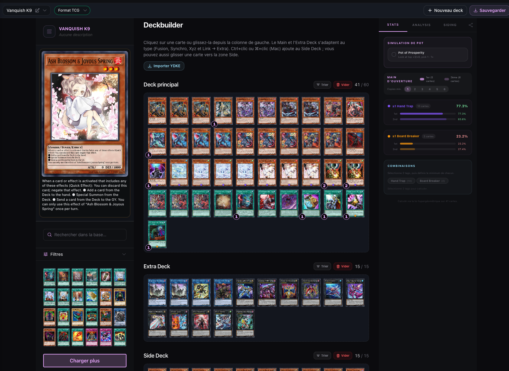 Interface du deckbuilder YGO-Decklab avec les zones Main Deck, Extra Deck et Side Deck