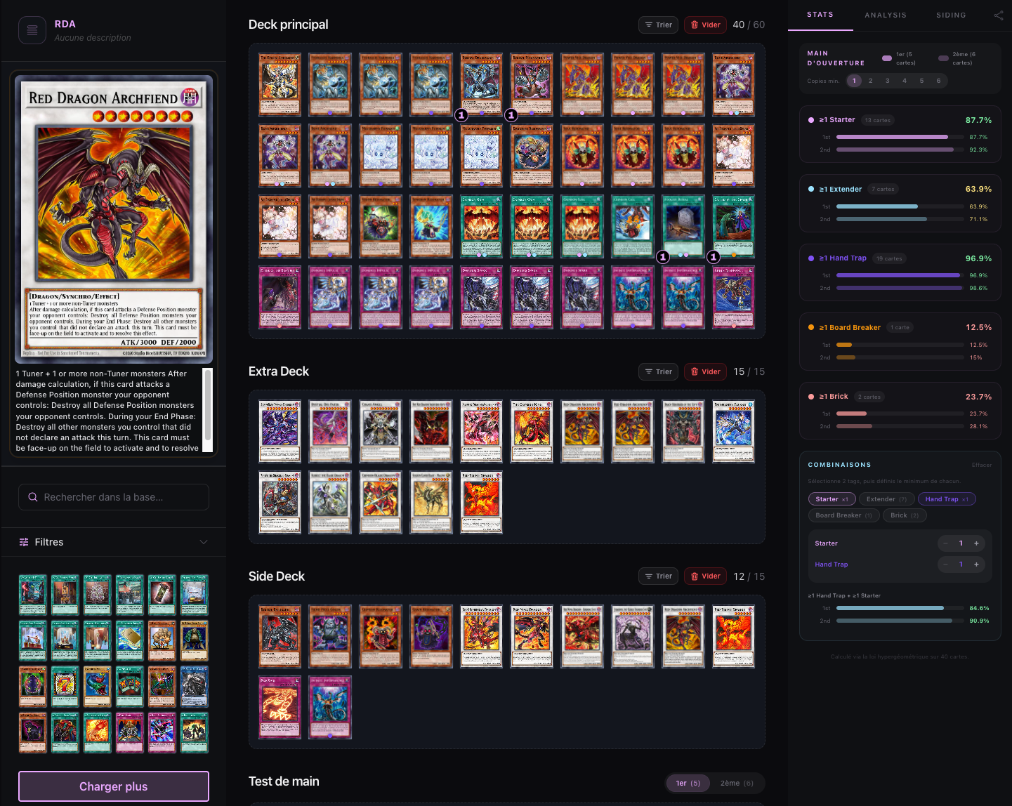 Panneau d'analyse Yu-Gi-Oh! avec probabilités hypergéométriques et courbe de niveaux